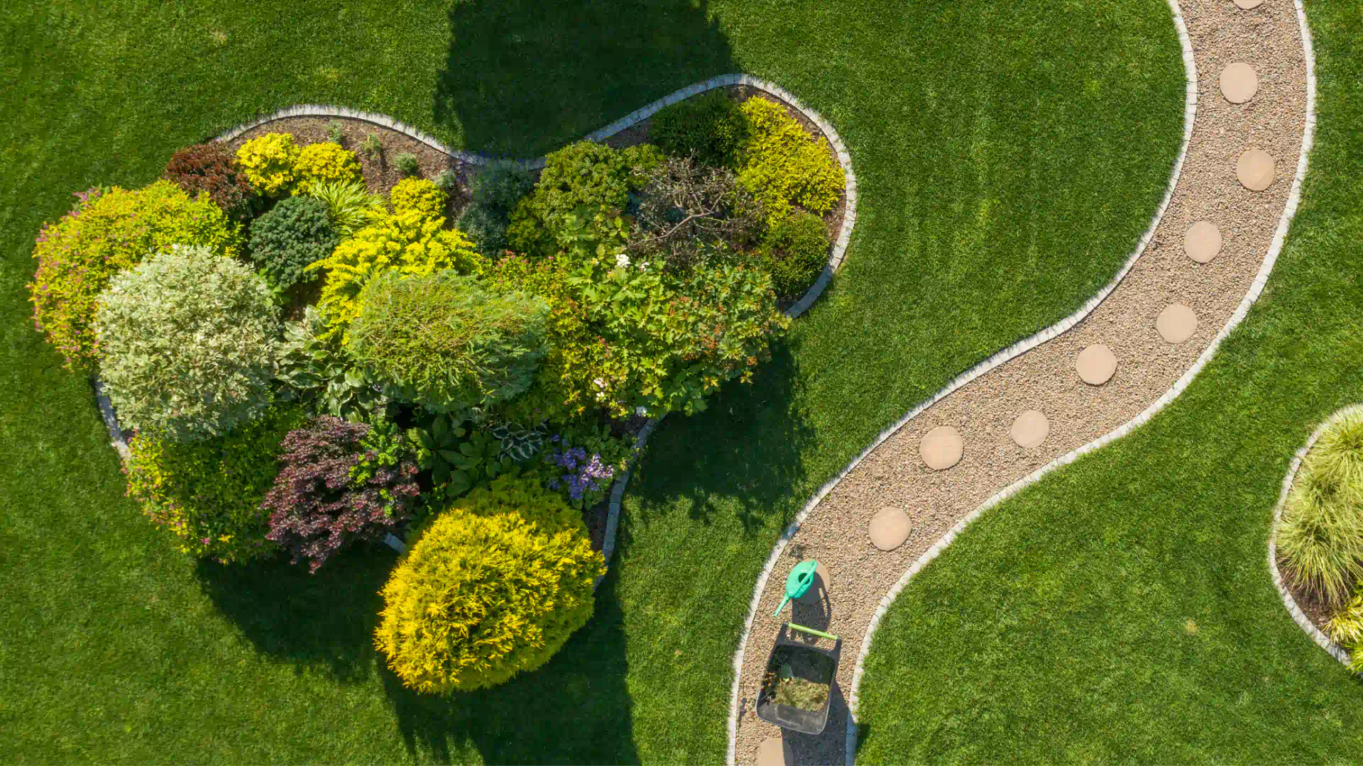aerial view of clean lawn and landscape with flower beds